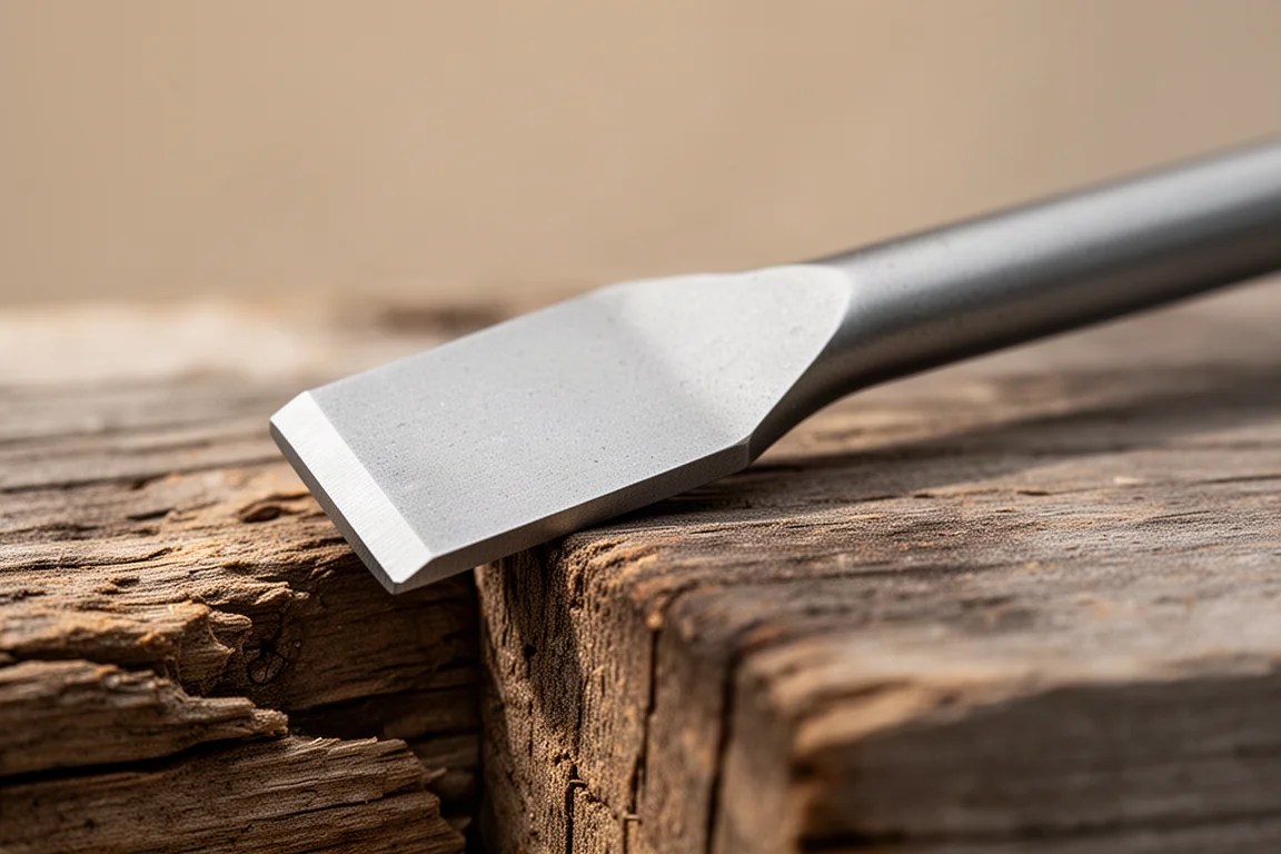 Borde de la palanca de titanio apoyado contra la veta rugosa de la madera