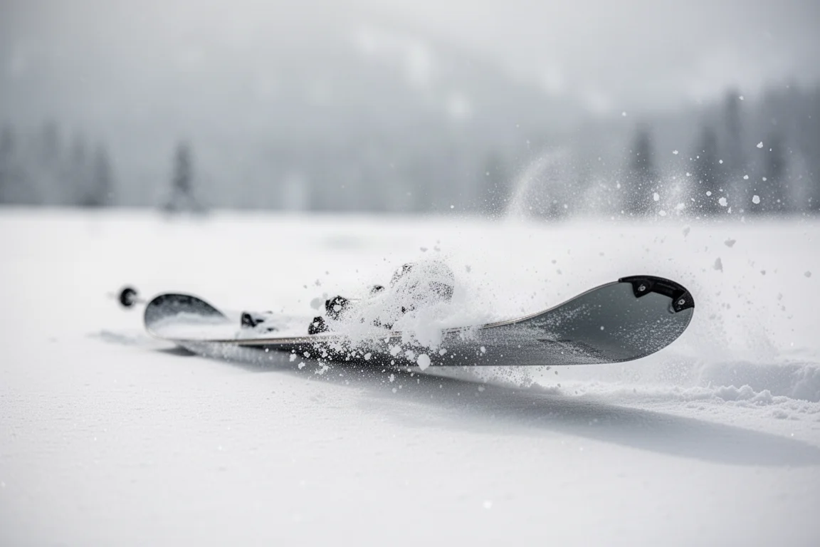 Hintere Hälfte eines breiten Powderskis, der über frischem Schnee mit leichtem Gischt schwebt