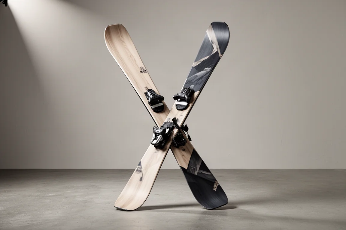 Pair of wide powder skis with wood veneer topsheets standing crossed on a concrete surface