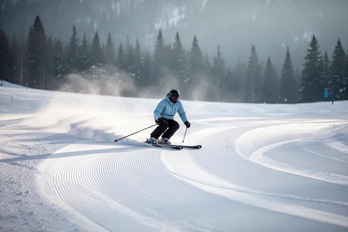Skifahrer zieht lange, geschmeidige Schwünge über frisch präparierte Piste im sanften Morgenlicht