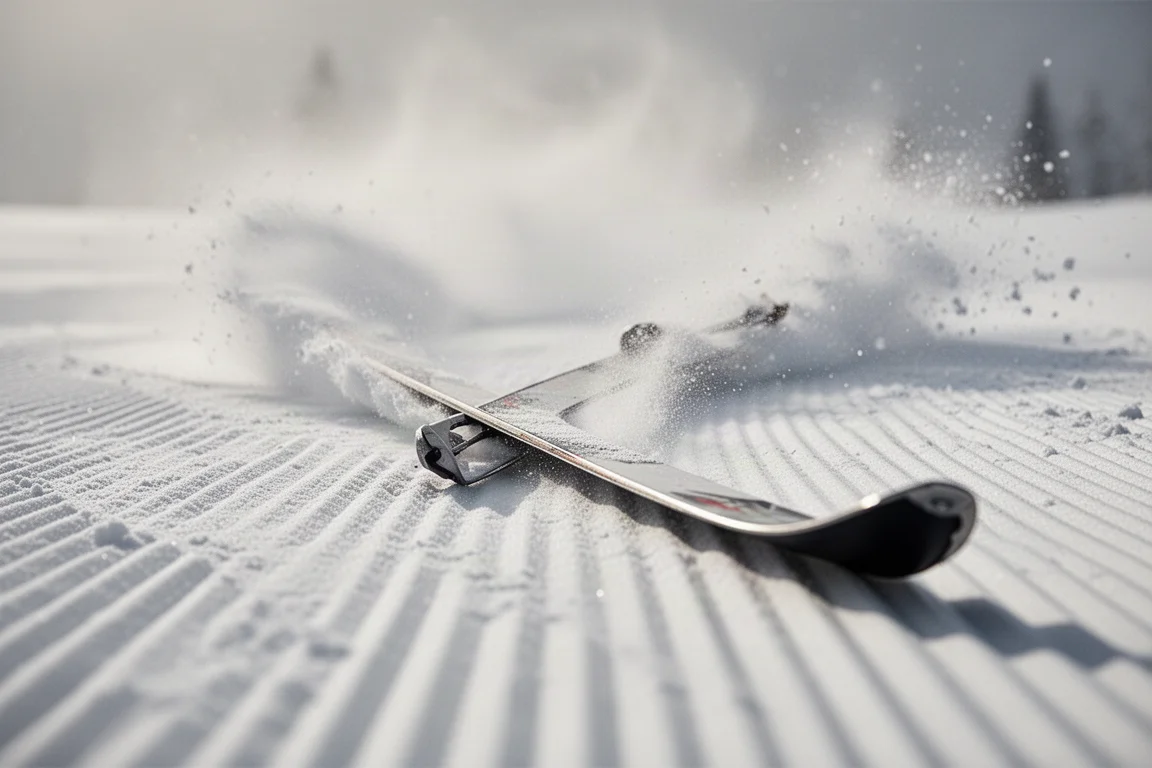 Nahaufnahme von Ski-Kanten und -Spitzen, die in einem Schwung mit Schneefedern durchbiegen
