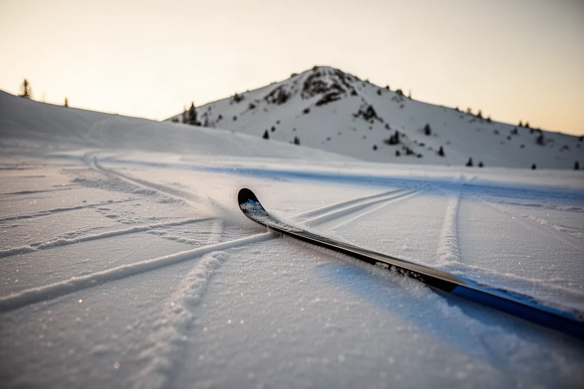 Ski-Kante schneidet in glänzenden, harten Harschschnee in der Morgendämmerung