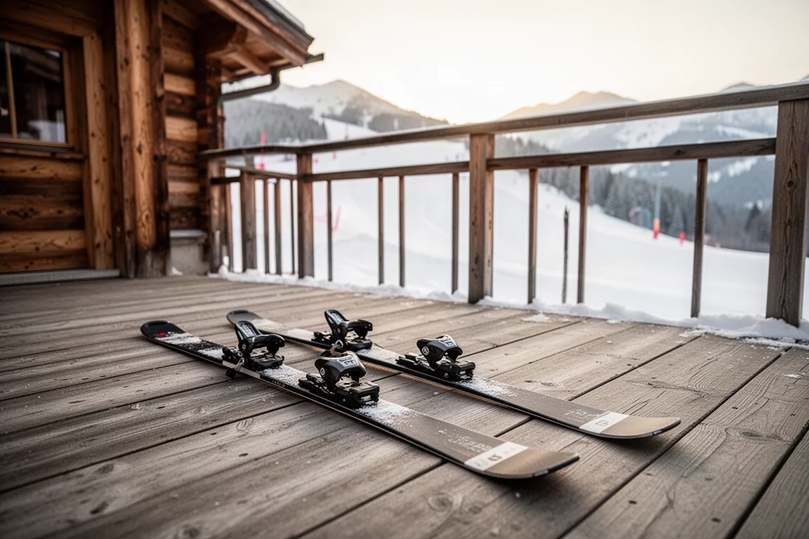 Ski-Paar liegt vor einer Berghütte, dahinter eine präparierte Piste