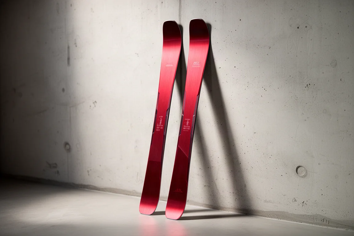 Pair of Peak 88 all-mountain skis with brushed red topsheets leaning against a concrete wall