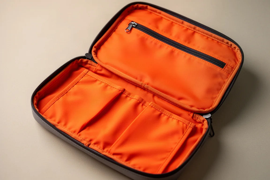 Binnenzijde van een tasje met oranje voering en meerdere stretchzakken