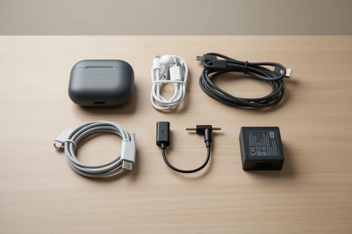 Kleine elektronica zoals oordopjes, kabels en een adapter op een tafel gelegd