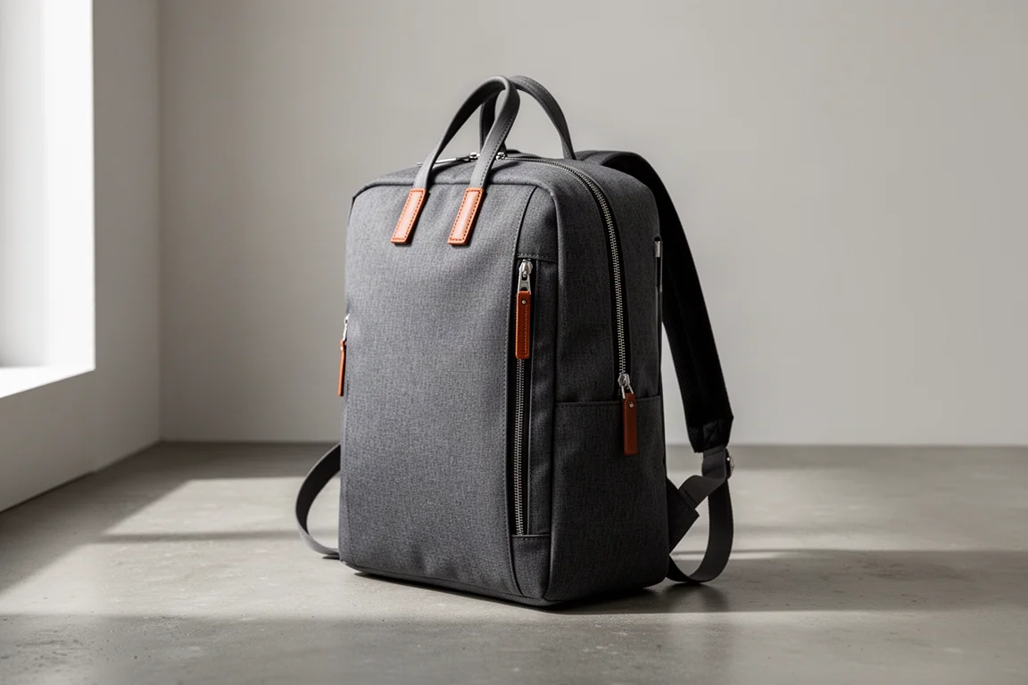 Minimalist charcoal everyday backpack standing on a concrete surface