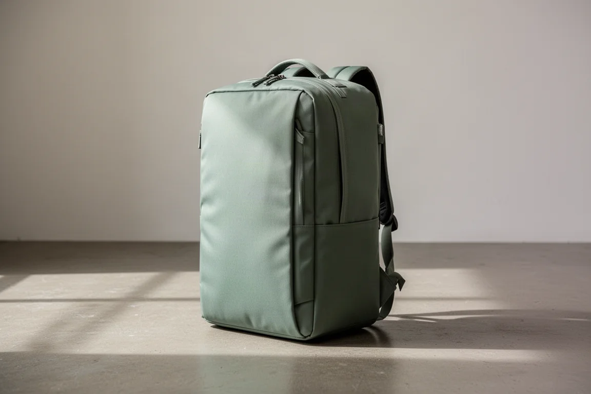 Structured sage green travel backpack standing upright on its own on concrete
