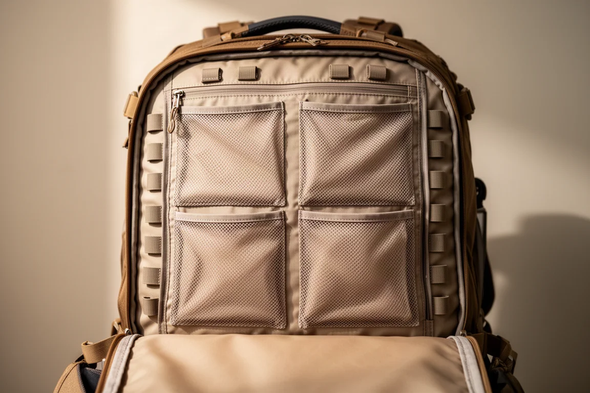 Open backpack main compartment showing mesh pouches and gear loops