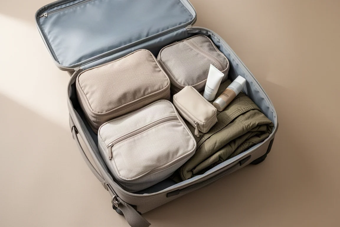 Packing cubes arranged inside an open travel backpack