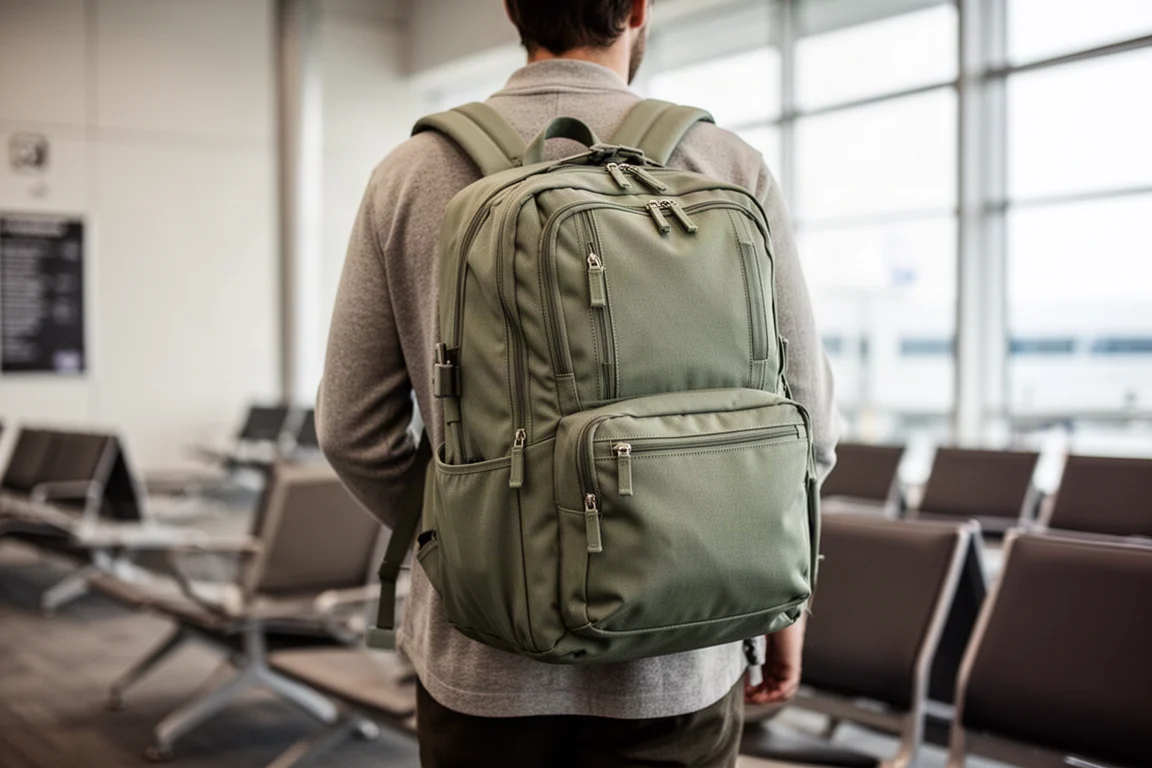 Traveler wearing a packed backpack at an airport gate, seen from behind