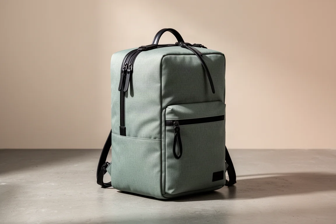 Structured sage green travel backpack standing upright on a concrete surface