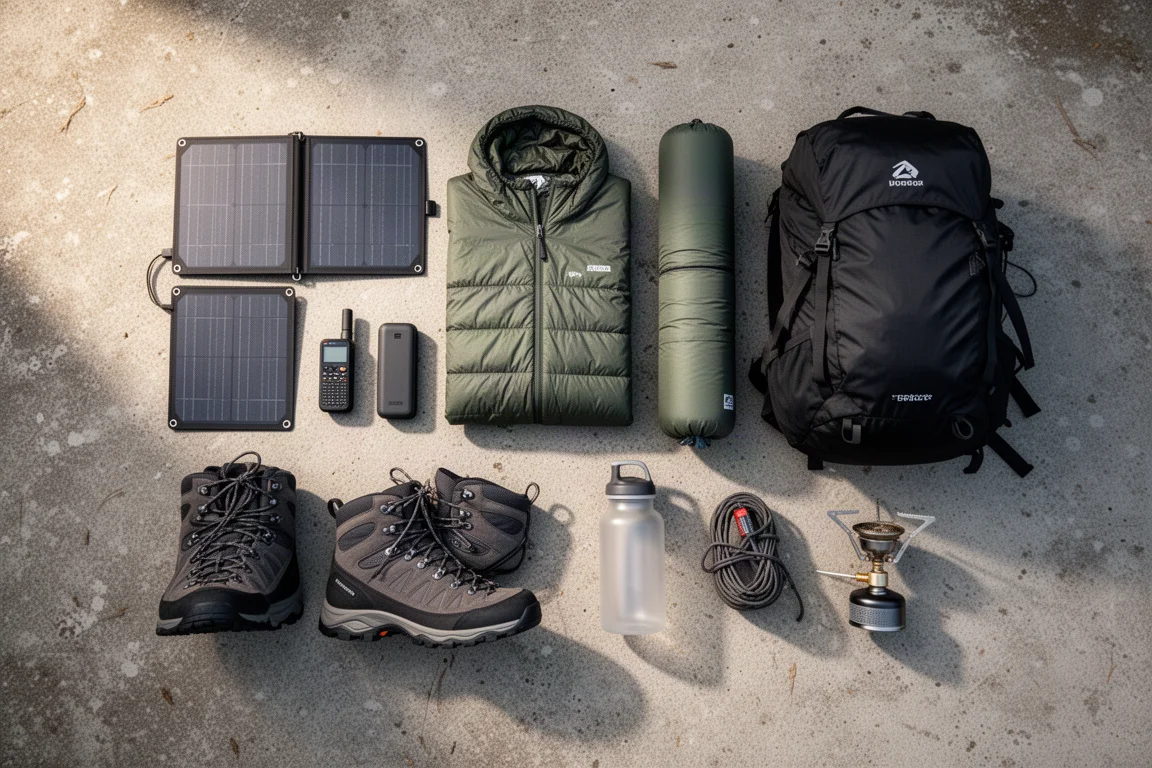 Overhead flat-lay of wild camping gear including solar panel, power bank, quilt, backpack and boots