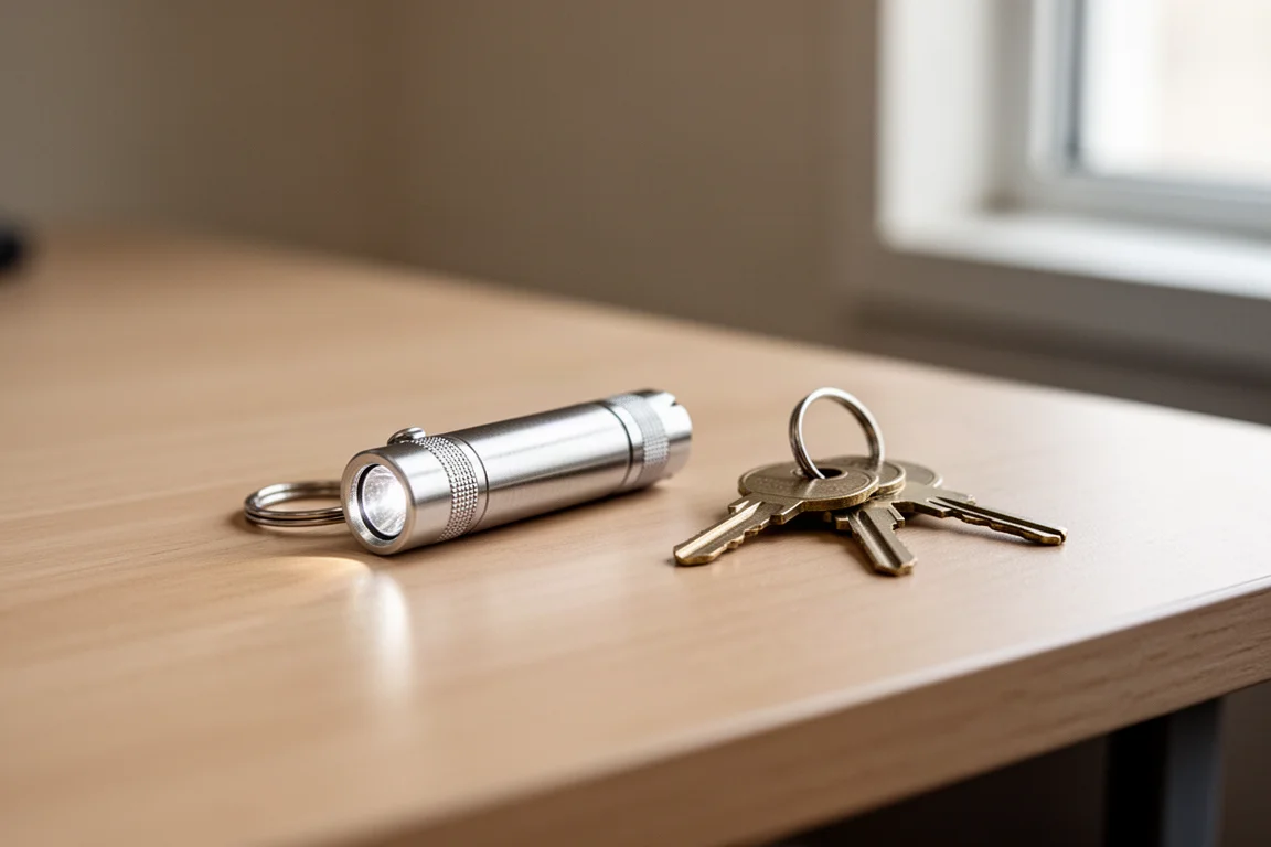 Small metal keychain flashlight resting on a wooden desk beside keys