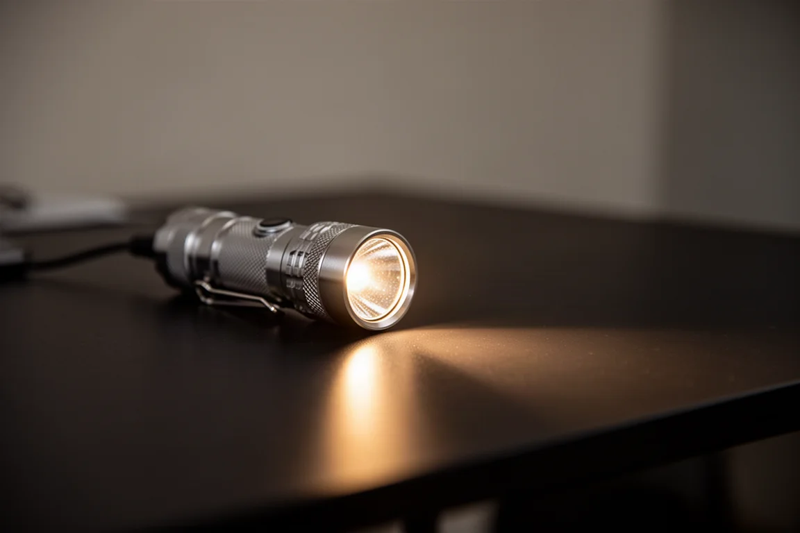 Close-up of a flashlight emitter casting a warm light beam in a dim room