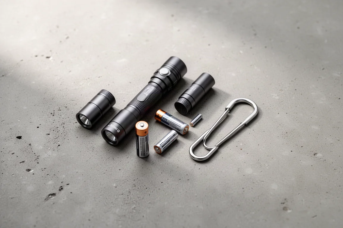 Flat-lay of compact flashlights and batteries arranged on a concrete surface