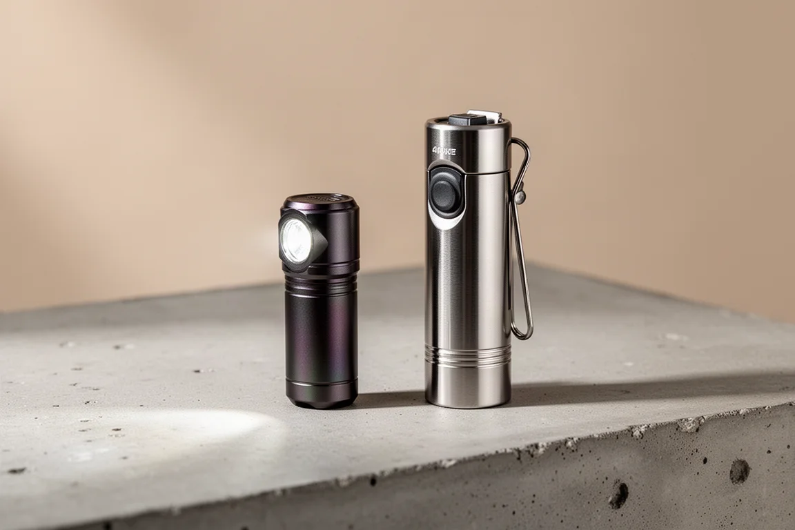 Two small USA-made pocket flashlights on a concrete surface