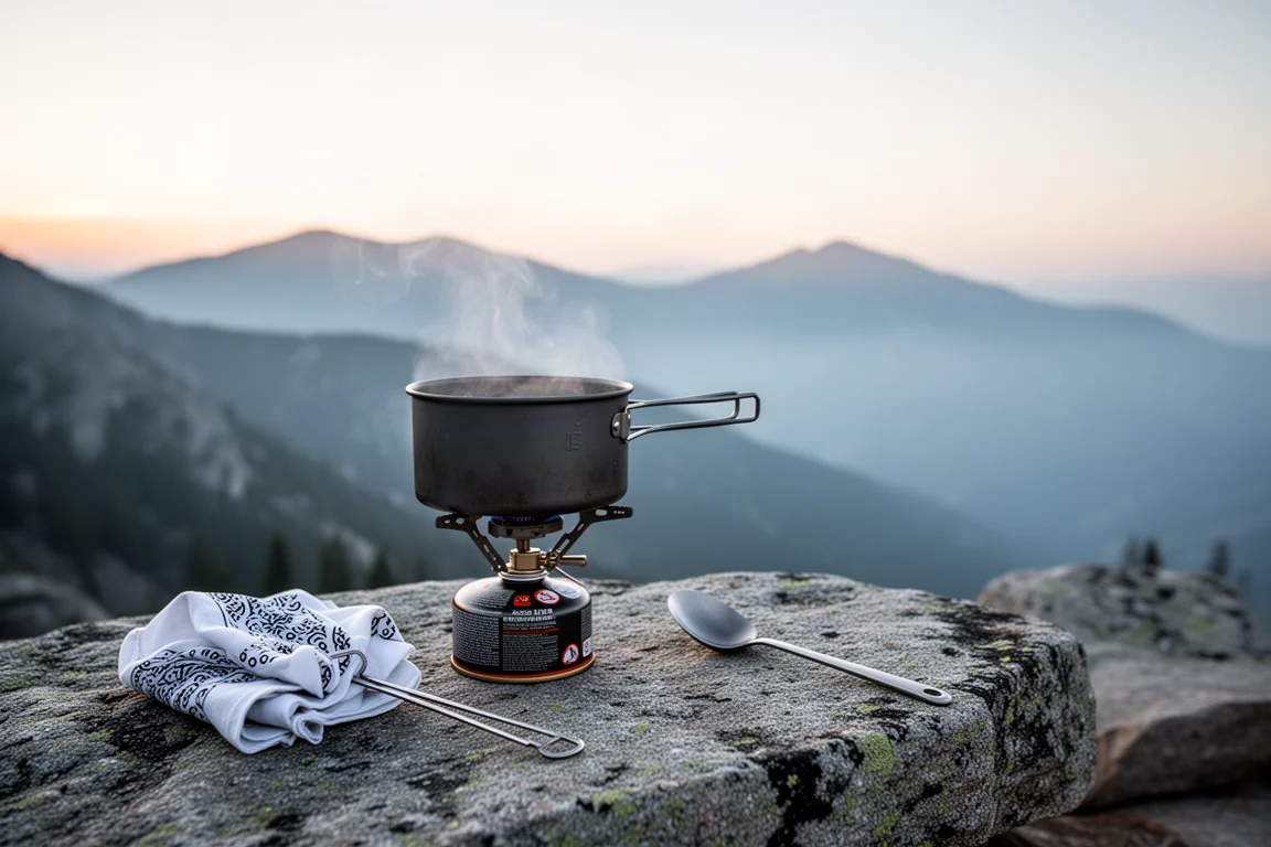 Pequeño hornillo de mochilero y olla de titanio humeando sobre una roca al amanecer junto a un lago en calma