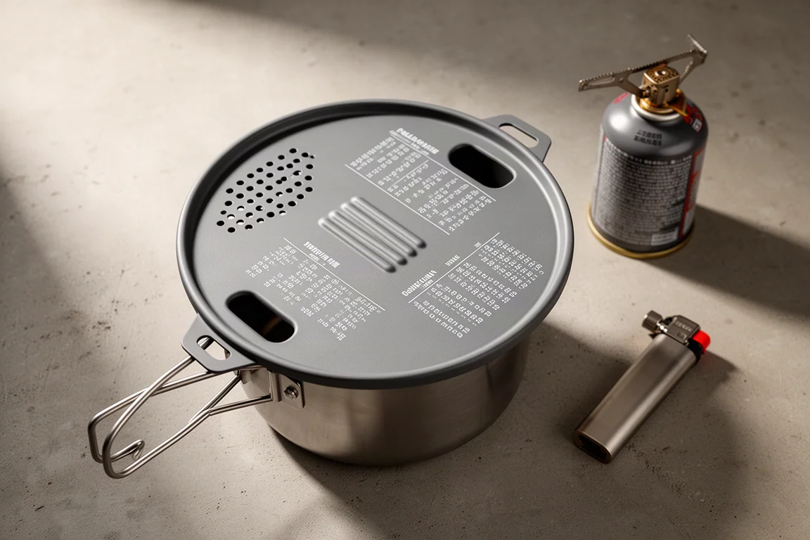 Peak Outdoors P Lid lock till vandraregryta på en stålgryta med behållare och tändare i närheten