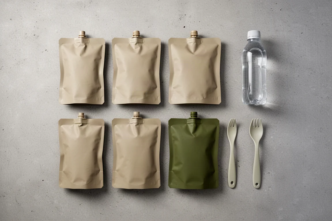 Backpacking keukenopstelling met brander, pan, waterfles en maaltijdzakken zonder merk