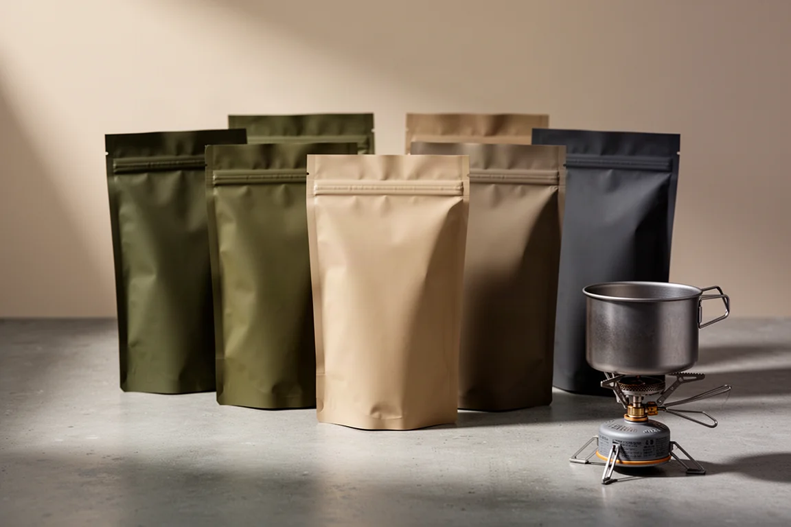 Unbranded freeze-dried meal pouches arranged on concrete with a camping pot and map