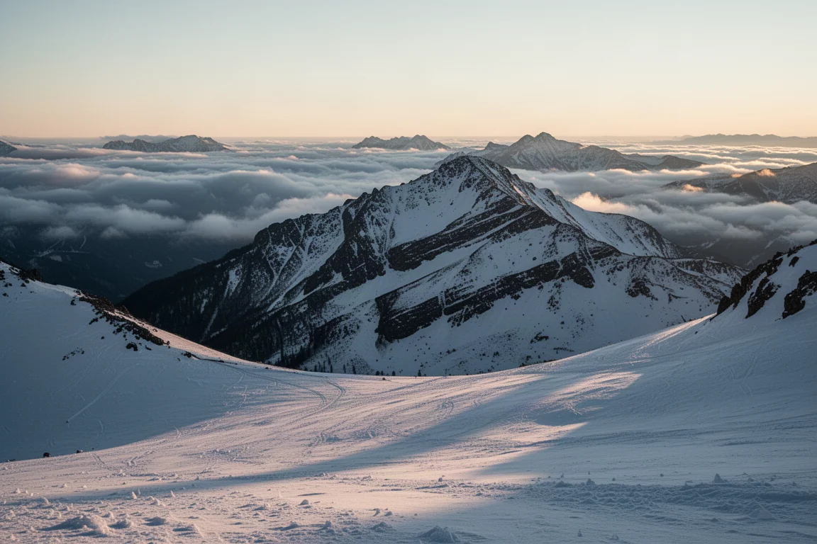Alpine Gratkante beim ersten Licht, mit tiefen Wolken, die das Tal darunter füllen