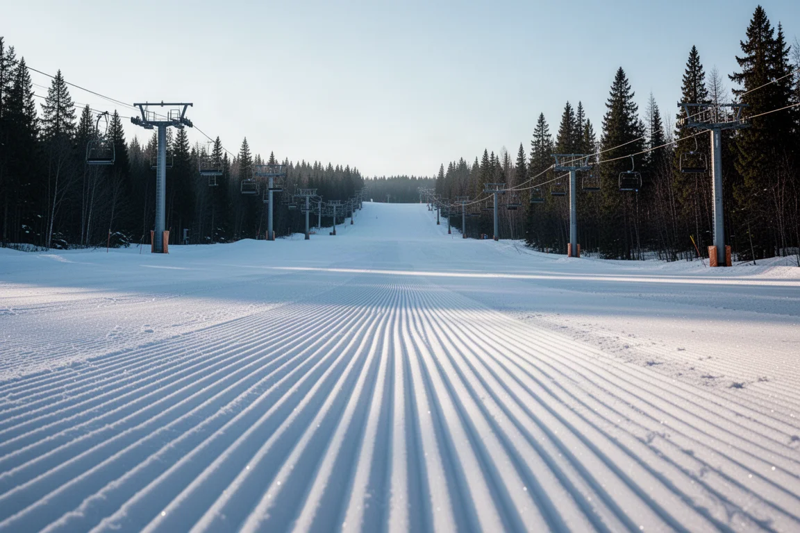 Frisch präparierte Skipiste mit parallelen Bürostuhlrillen im Morgenlicht