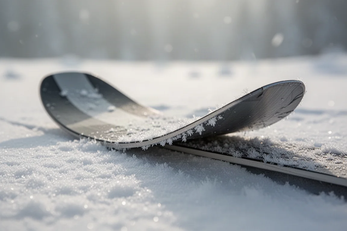 Nahaufnahme eines Ski-Hecks und einer Stahlkante auf windverfestigtem Schnee