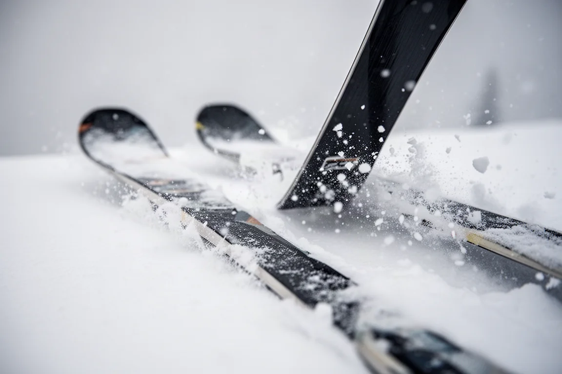 Primo piano delle code degli sci che tagliano la neve morbida