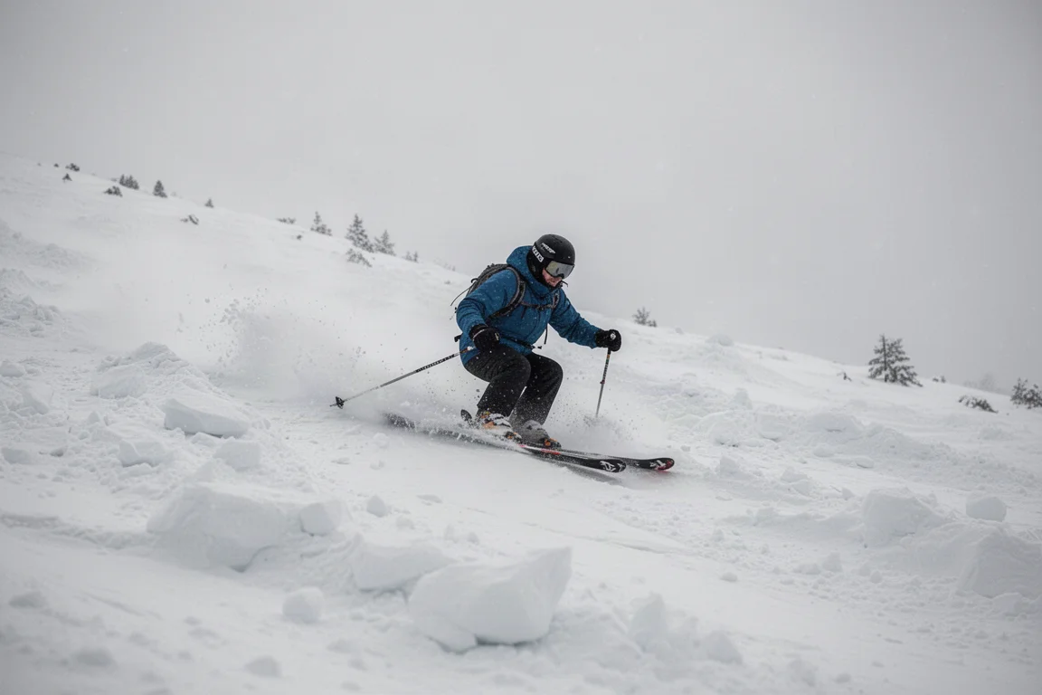 Sciatore che affronta neve a pezzi variabile su un versante montano