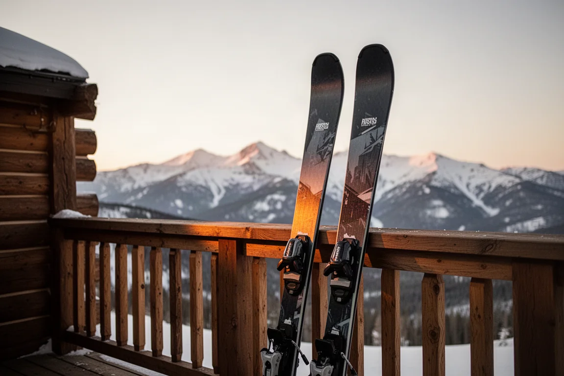 Sci all-mountain appoggiati alla ringhiera della terrazza di un rifugio al tramonto