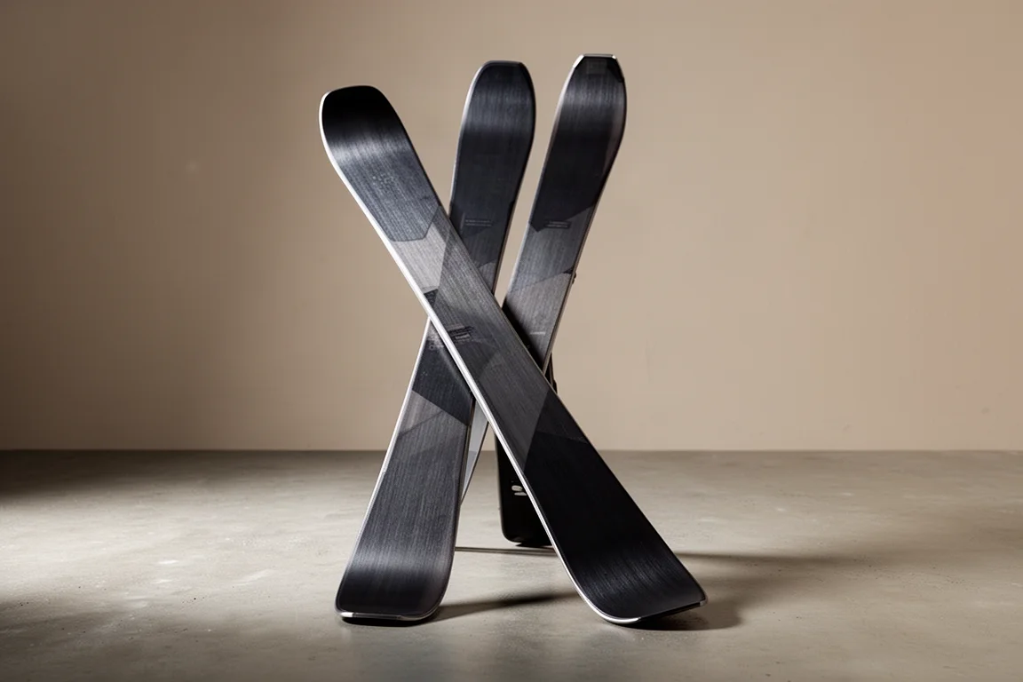 Pair of wide all-mountain skis standing on a matte concrete surface