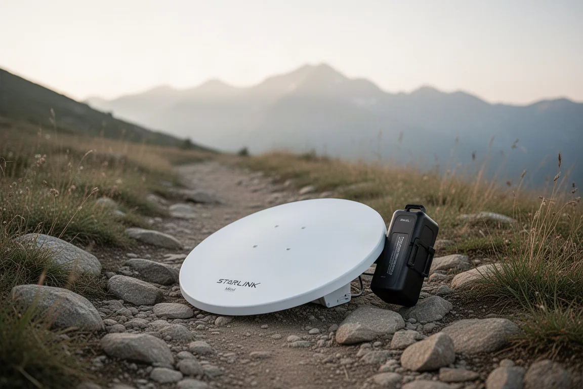 Starlink Mini 天線安裝 PeakDo 電池,平放在岩石小徑上