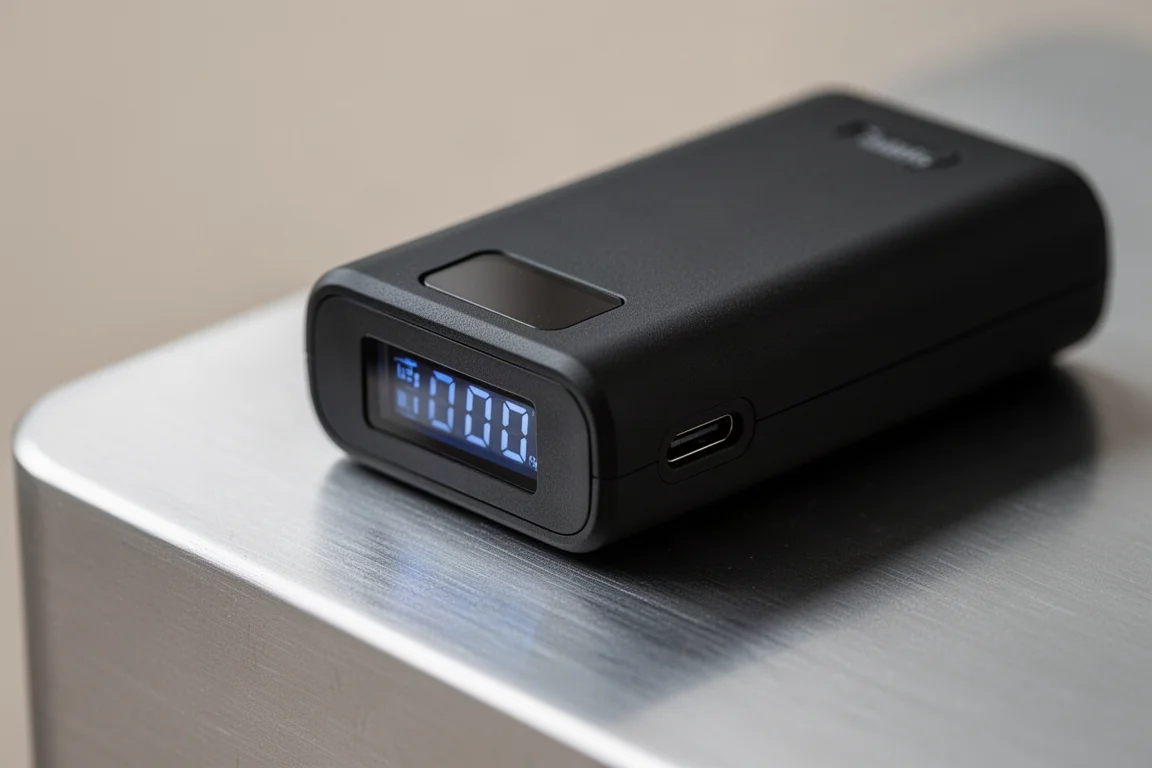 PeakDo 電池的 USB-C 連接埠和 LCD 螢幕特寫
