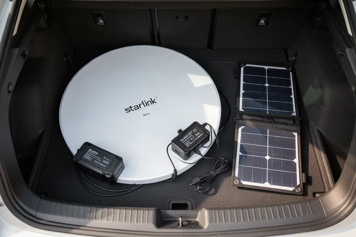 Starlink Mini 天線和電池組在車輛後車廂內的俯視圖
