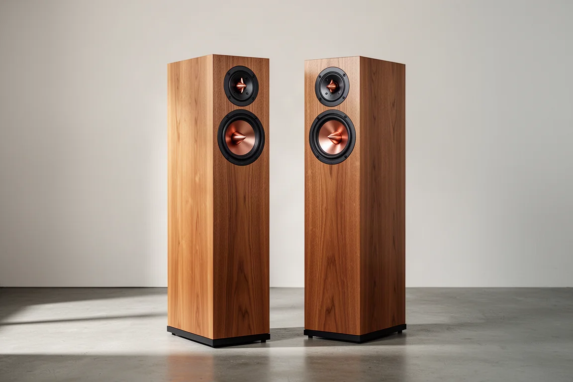 Pair of tall slim oak floorstanding speakers with copper full-range drivers in a minimal room