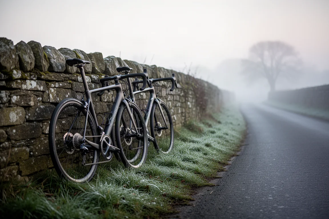 Fully assembled road bike in a bright bicycle workshop with tools behind