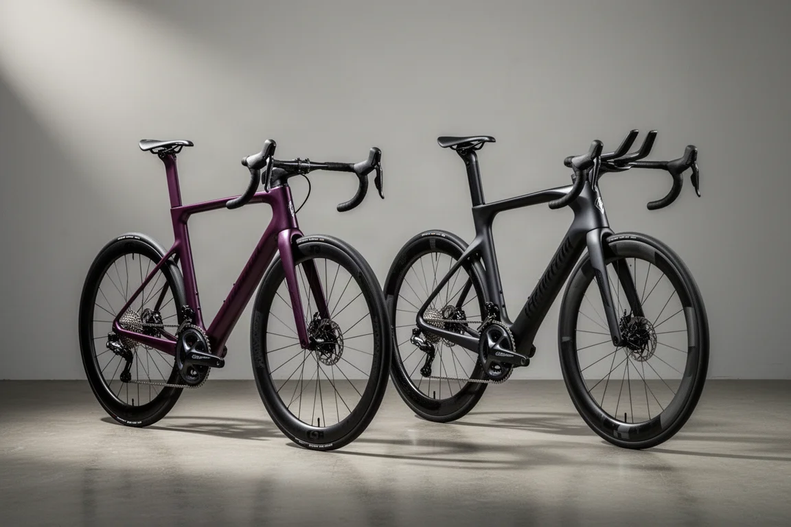 Two high-end road bikes side by side on a concrete studio floor