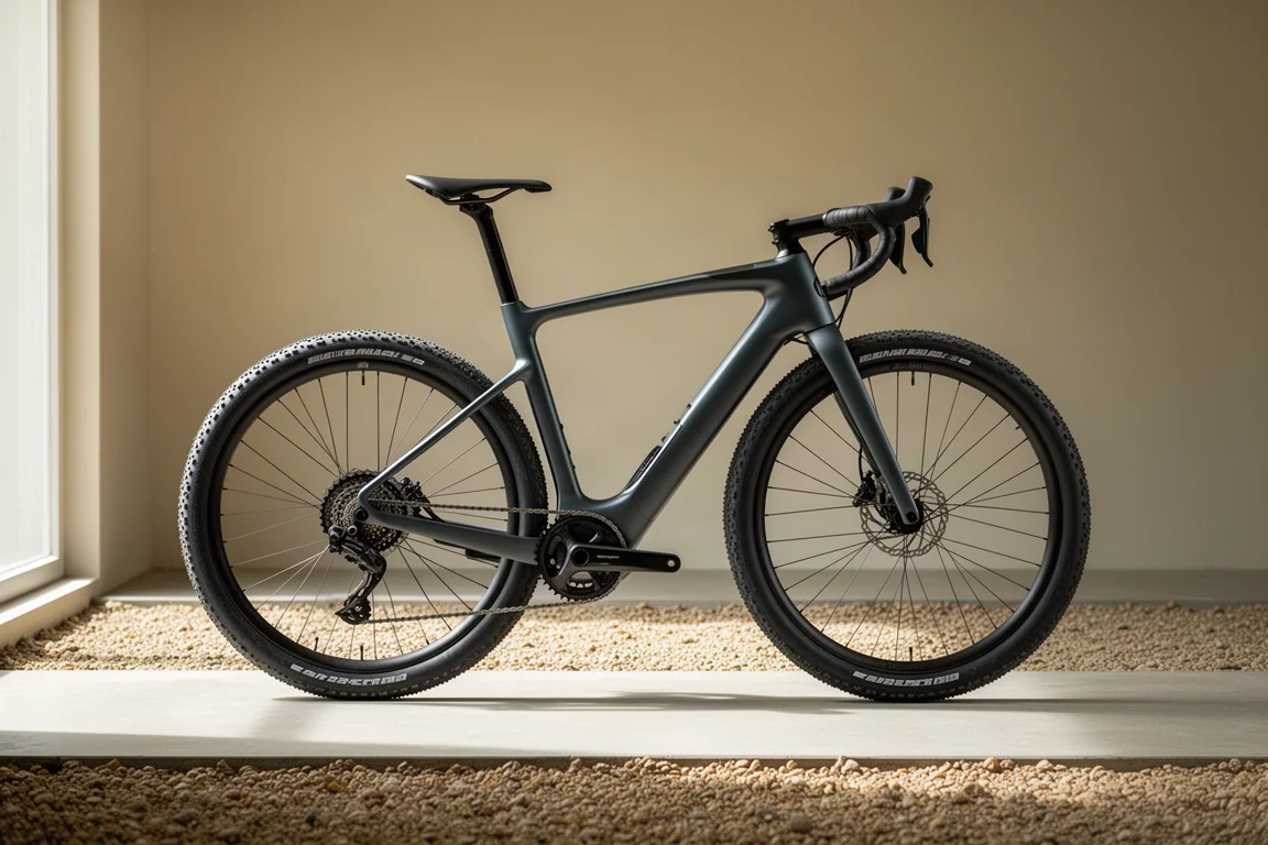 Aero gravelbike met brede banden op beton naast een strook gravel