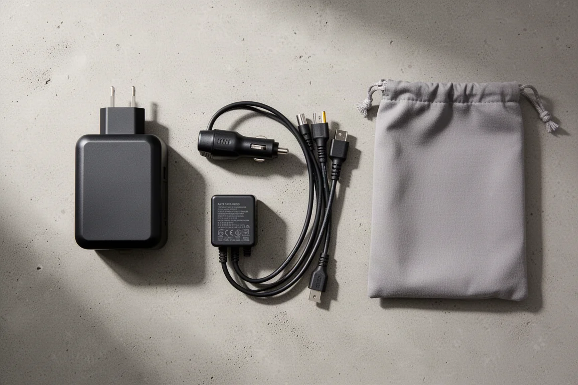 Kabels en oplaadaccessoires naast een draagbare powerstation neergelegd