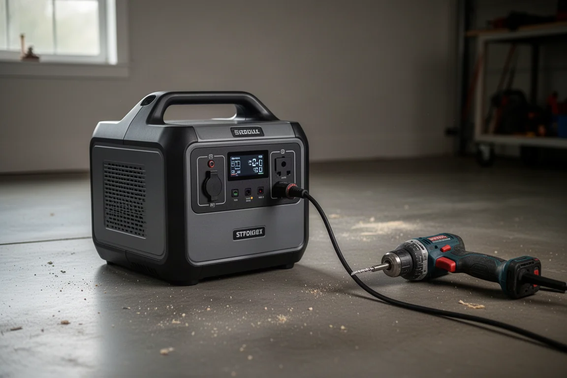 Draagbare powerstation die gereedschap van stroom voorziet in een werkplaats