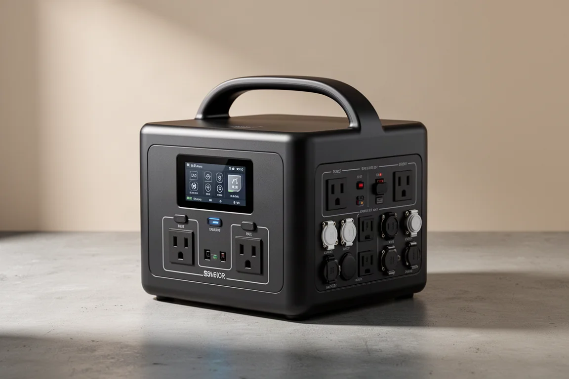 Pecron 1500 portable power station on a concrete surface with ports and display visible