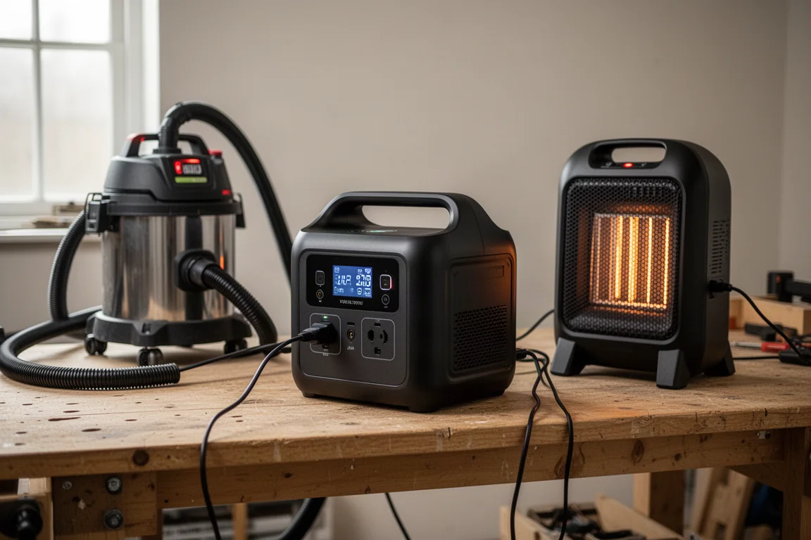 Portable power station running tools and a heater on a worksite table