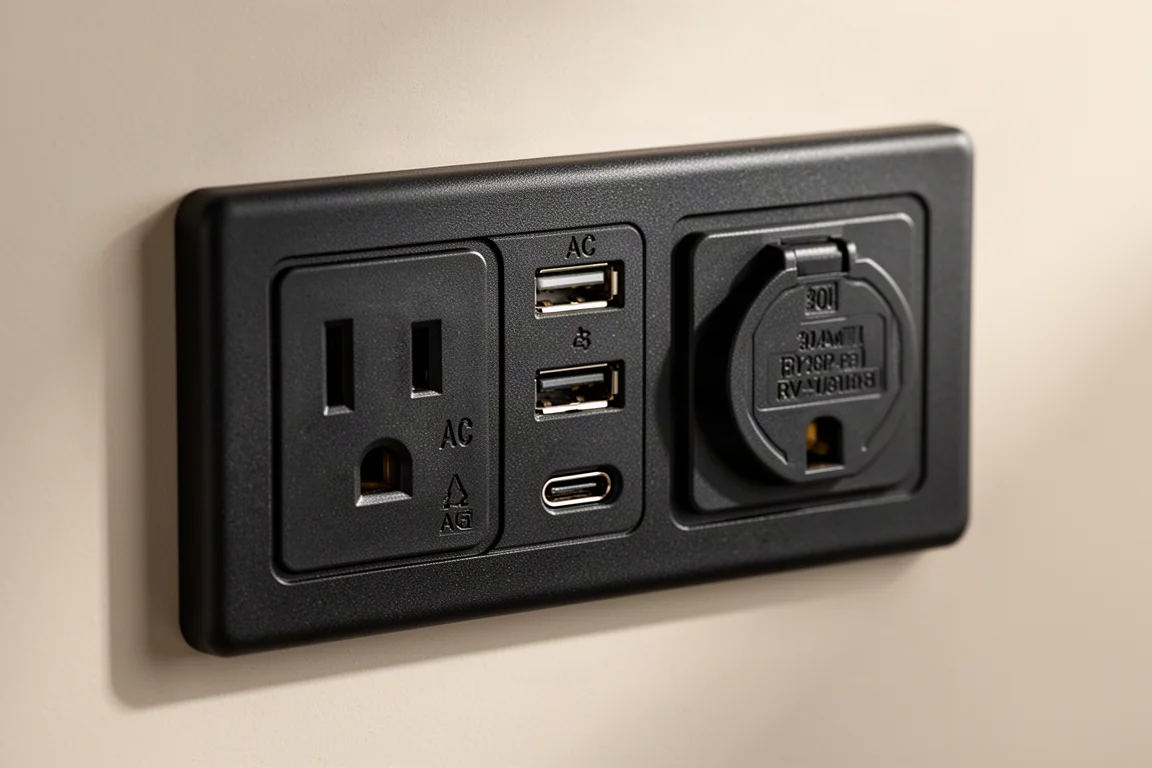 Close-up of AC and DC output ports on a power station panel