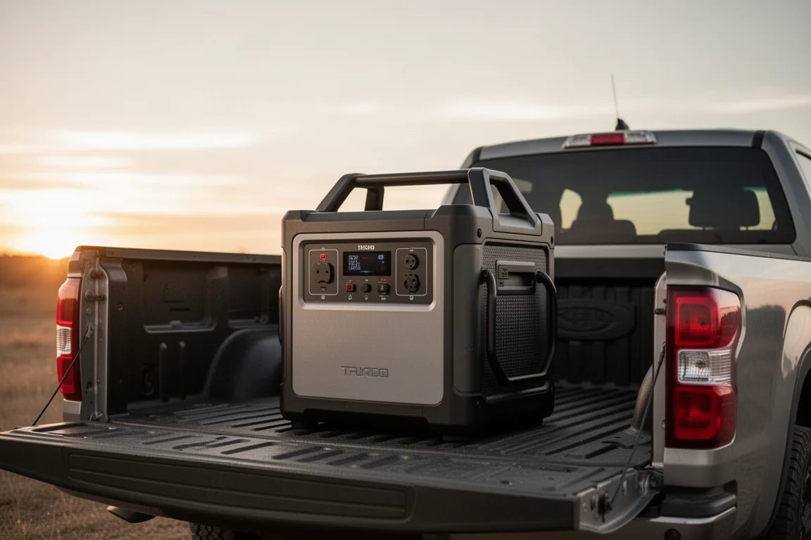 Large capacity power station loaded into the back of a truck bed
