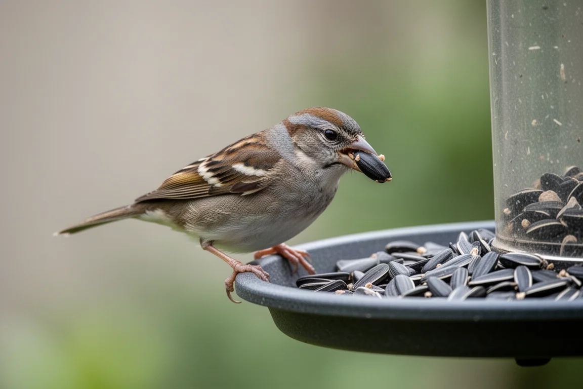 Kleine zangvogel op een voederbak die zaden pakt