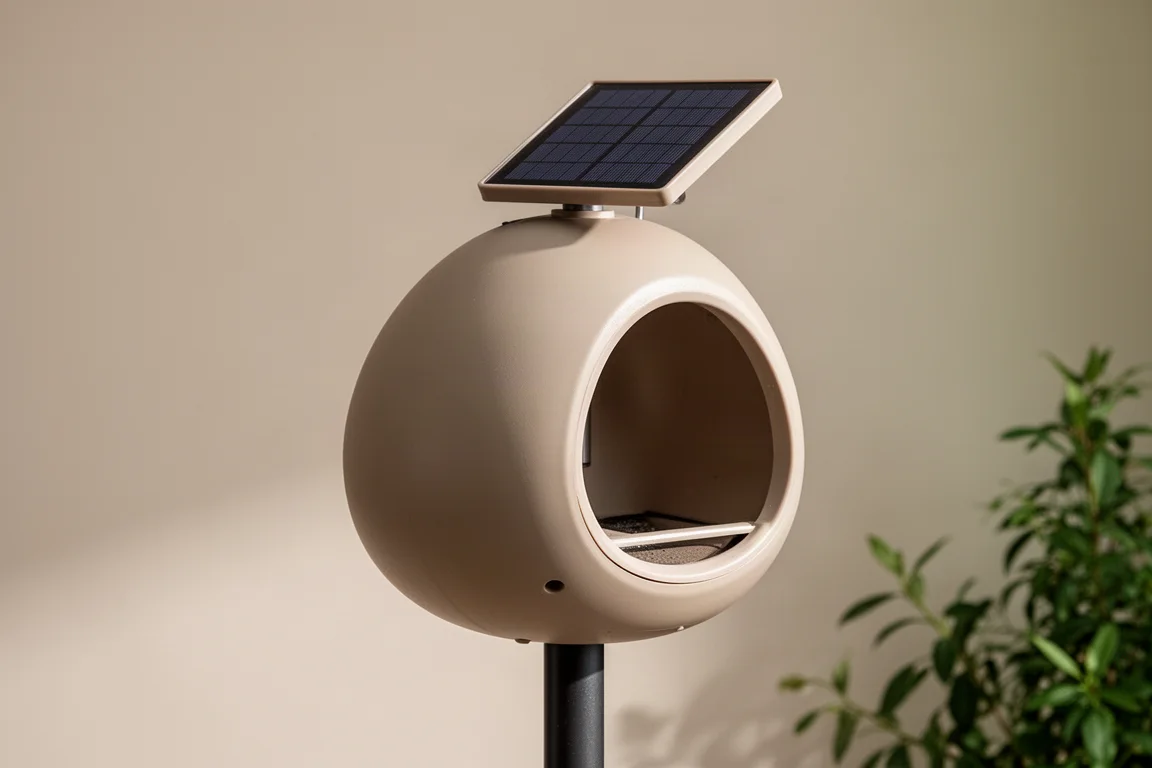 Beiger mandelförmiger smarter Vogelfutterspender mit Solarpanel an einer Stange