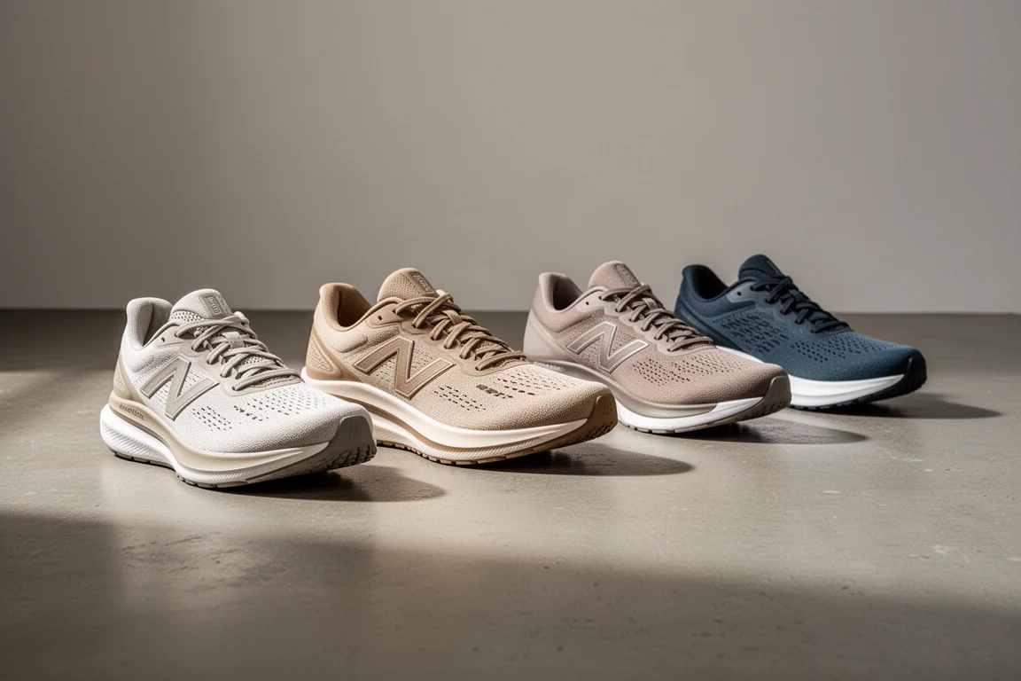 Five running shoes lined up on a concrete studio floor in neutral tones