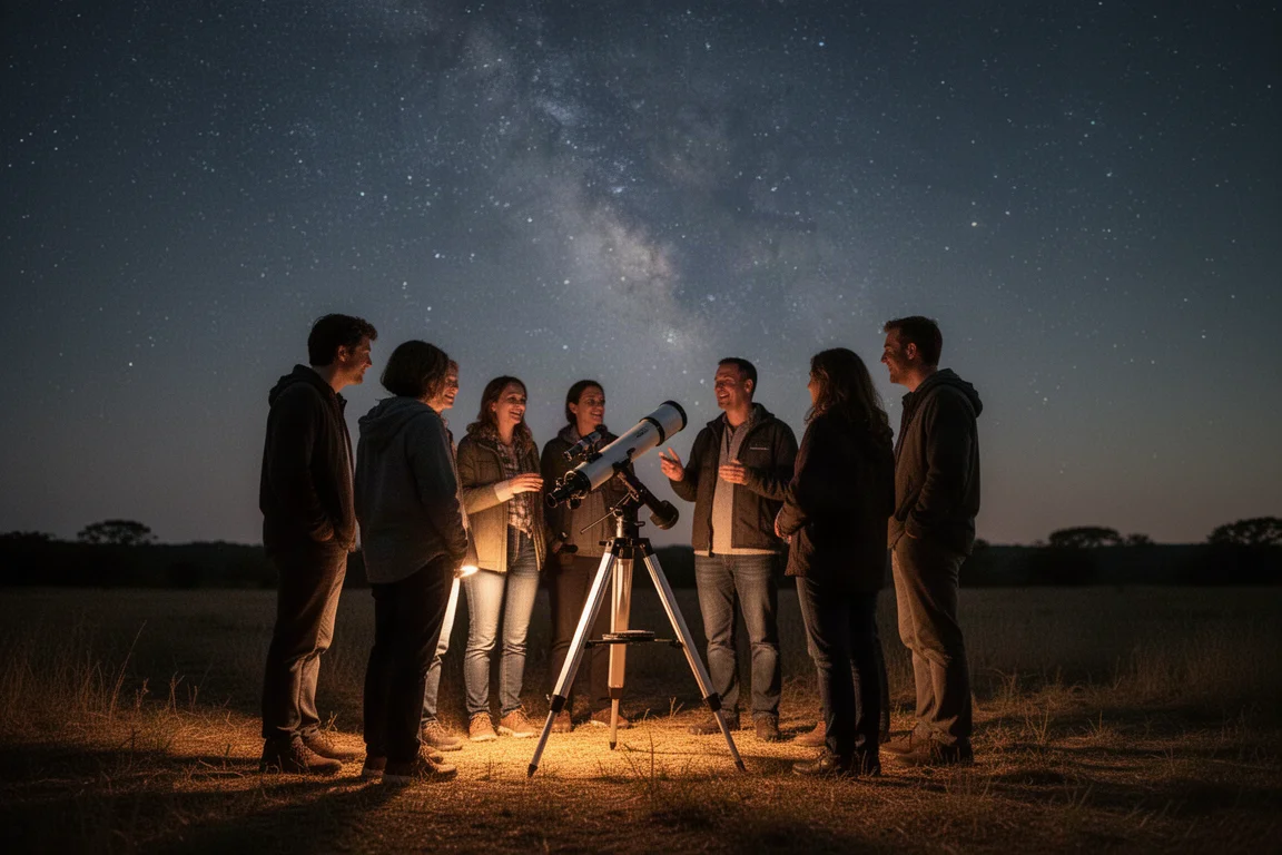 Gruppe von Sternenguckern, die sich während eines Outreach-Abends ein Teleskopbild teilen