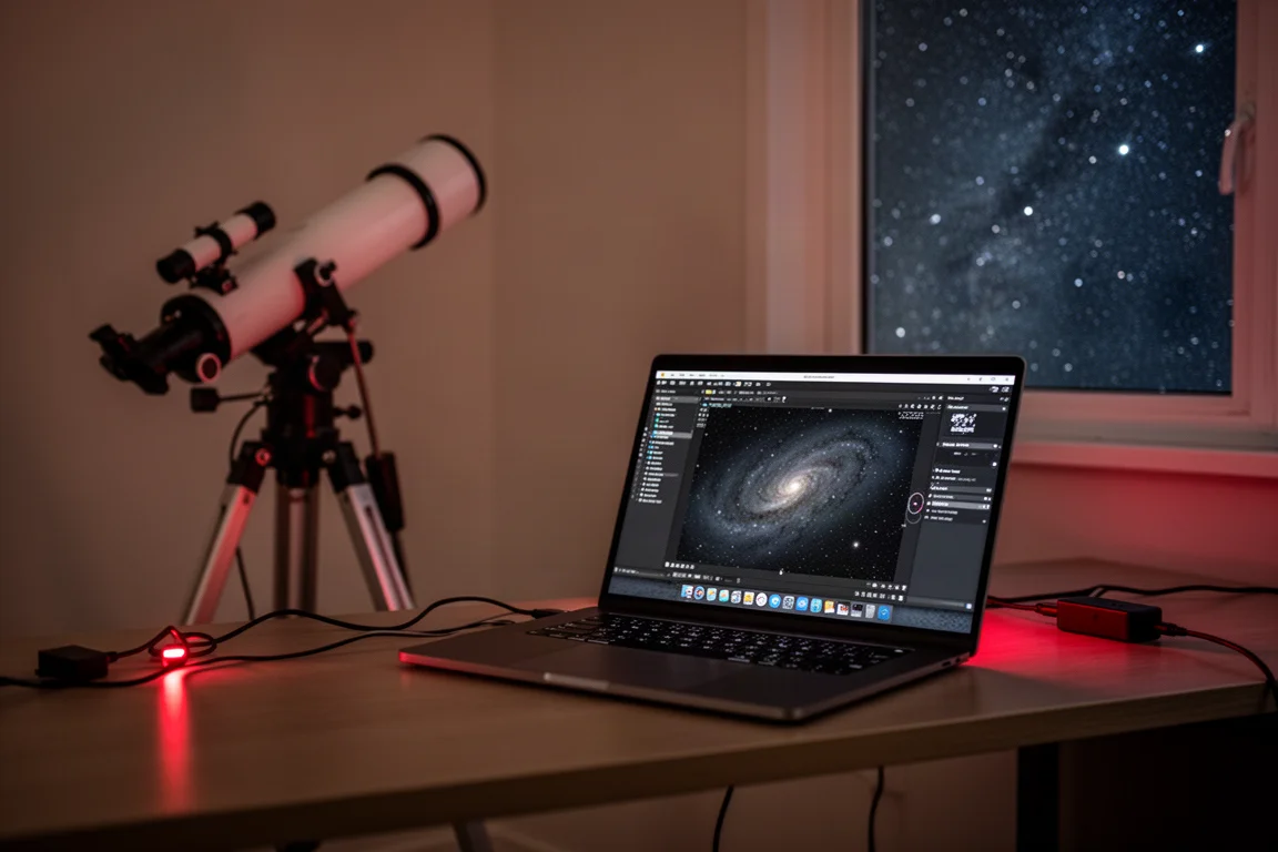 Laptop und Astrofotografie-Ausrüstung neben einem Teleskop während einer nächtlichen Aufnahmesession